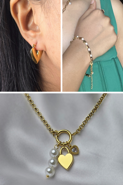 Heartfelt Harmony Set - Maris Seraphina Pearl Lock Necklace | Oria Valen Huggies | Aira Amora Heartline Bracelet