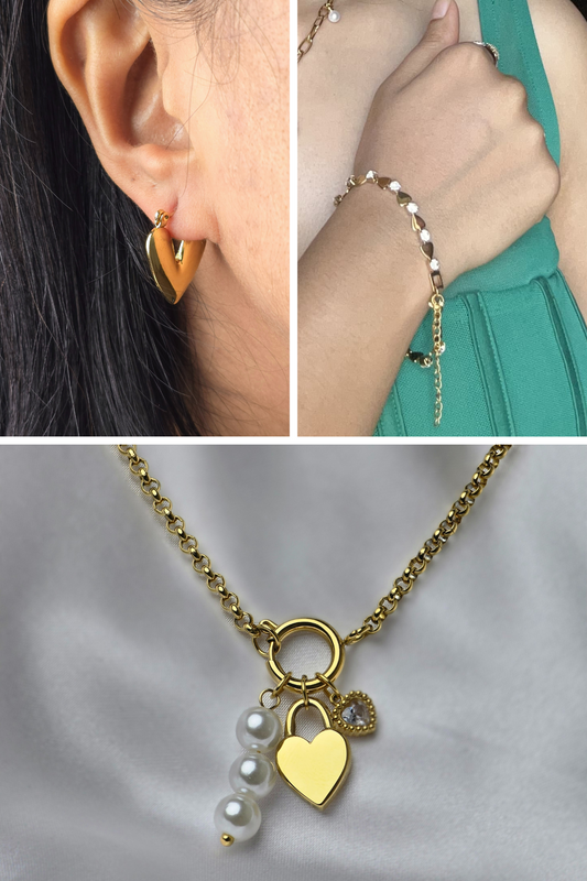 Heartfelt Harmony Set - Maris Seraphina Pearl Lock Necklace | Oria Valen Huggies | Aira Amora Heartline Bracelet